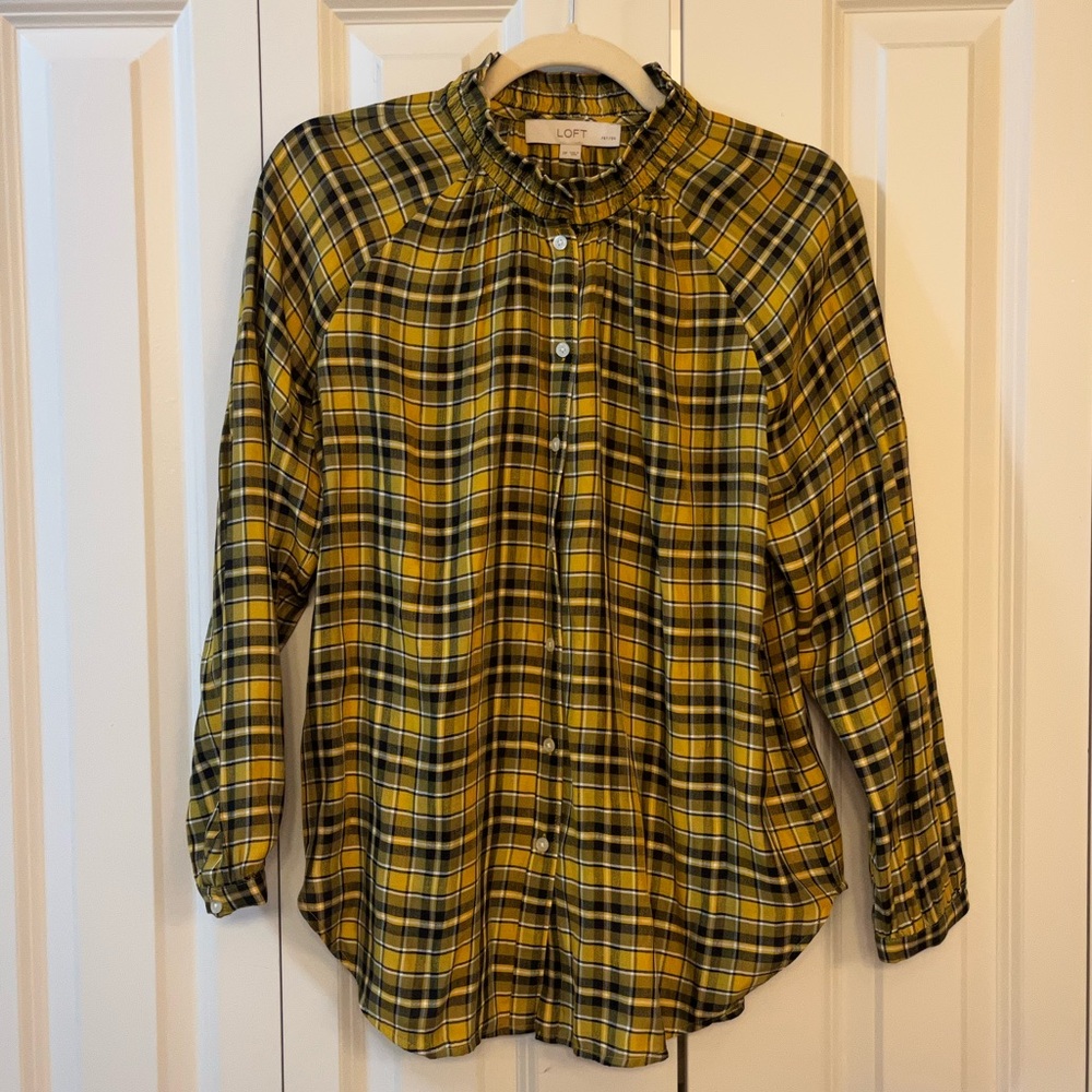 Loft Yellow and Black Plaid Button Blouse Size SP